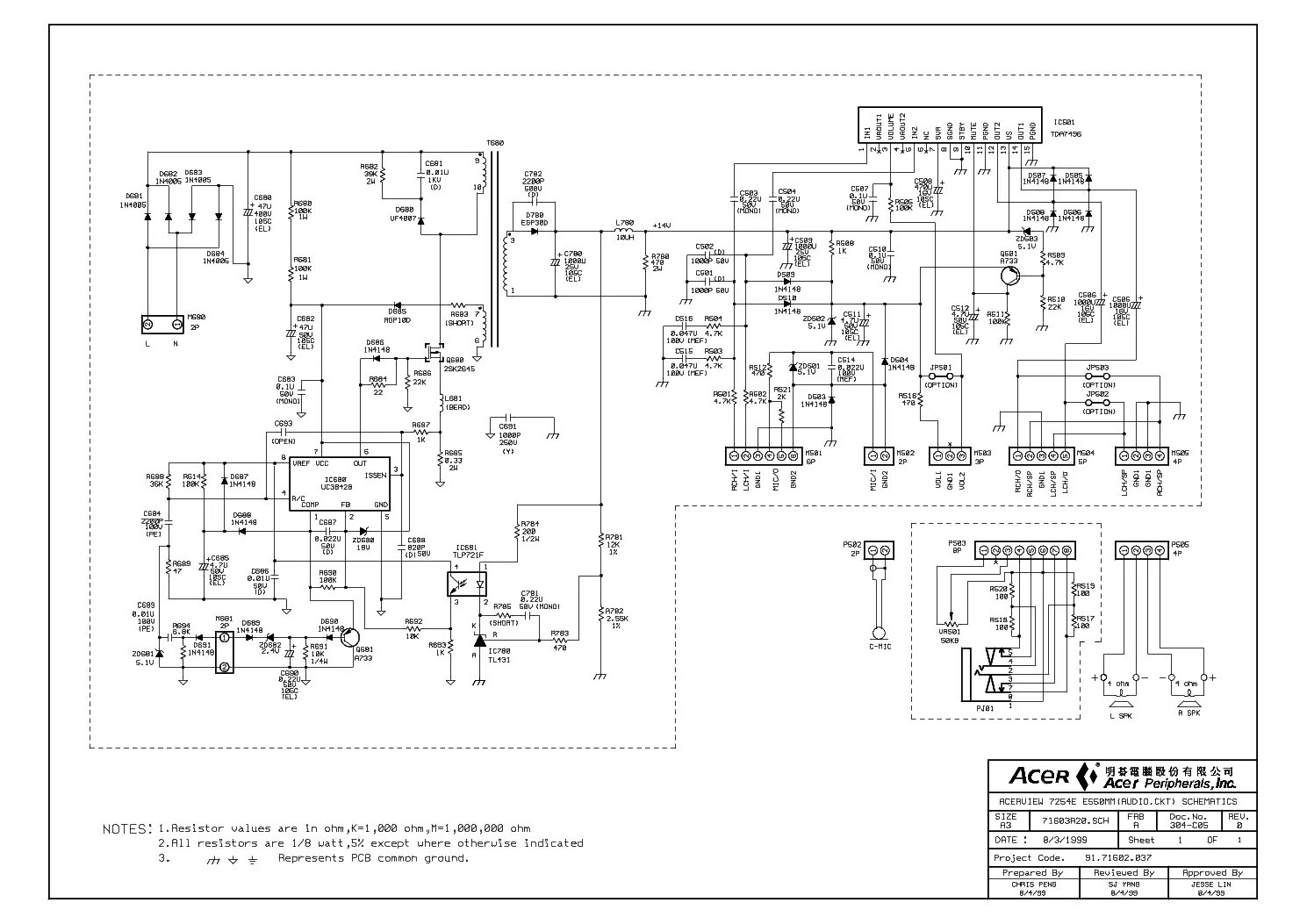 Принципиальные электрические схемы мониторов ACER 7254E CRT MONITOR Service Manual download, schematics, eeprom, repair info 