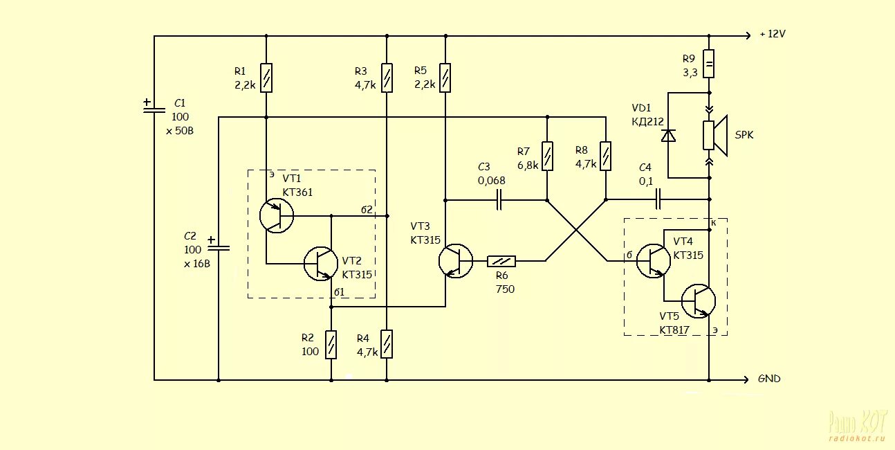Принципиальные электрические схемы на транзисторах РадиоКот :: Громкая сирена на транзисторах