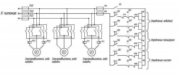 Принципиальные электрические схемы управления электродвигателями У кого то есть готовая схема принципиальной электрической схемы управления кран 
