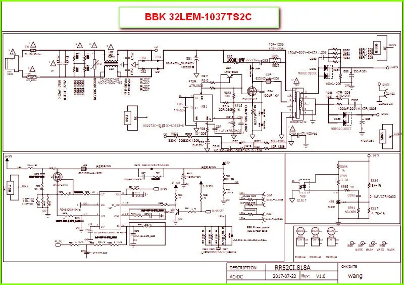 Принципиальные схемы электрические блоков питания телевизоров BBK 32LEM-1037TS2C схема