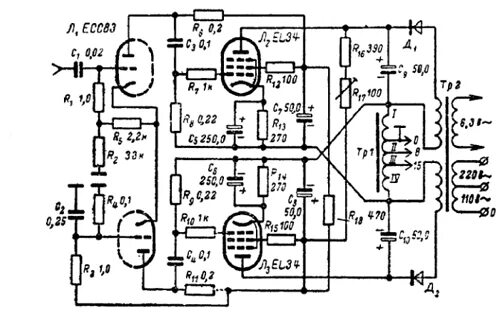 Принципиальные схемы ламповых усилителей Схема УМЗЧ на лампах Ф. Кюне с выходной мощностью 20 Вт