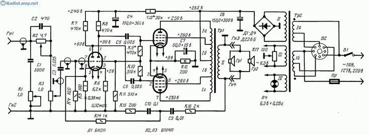 Принципиальные схемы ламповых усилителей Ламповый усилитель, принципиальная схема на лампах 6Н2П, 2 х 6П14П, выходная мощ