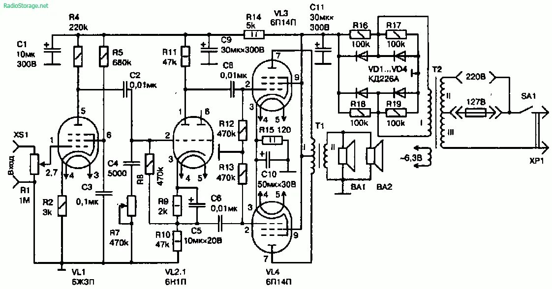 Принципиальные схемы ламповых усилителей Схема лампового УНЧ на 10 Вт (6Ж3П, 6Н1П, 6П14П)