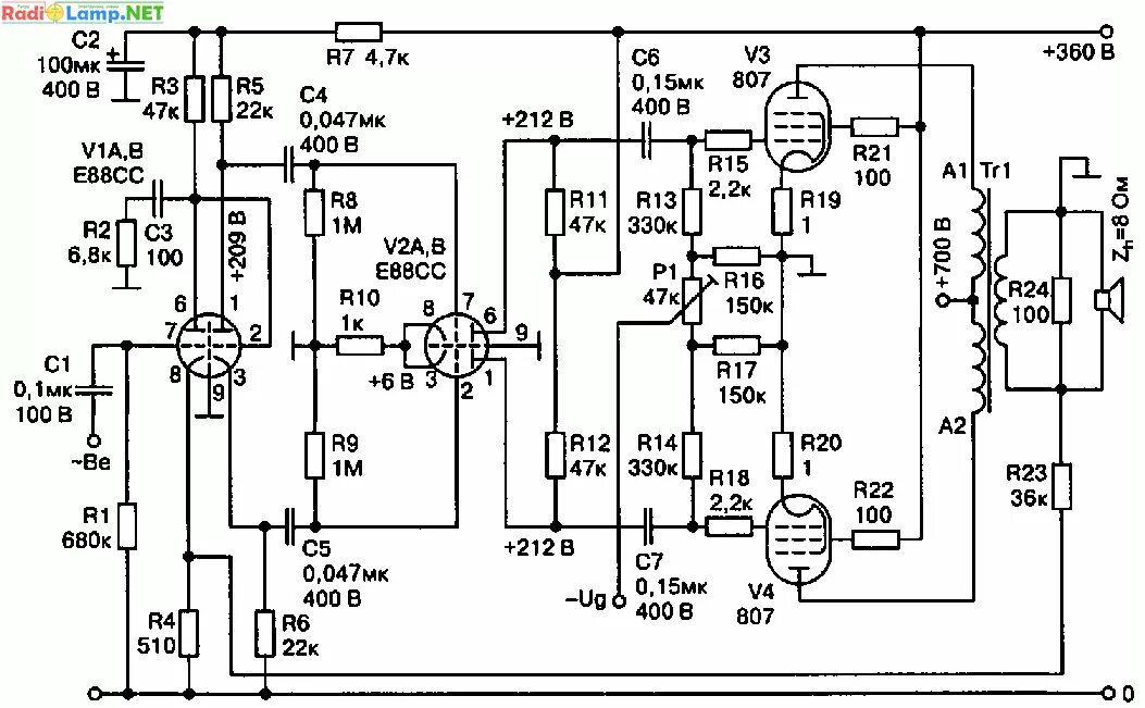 Принципиальные схемы ламповых усилителей Схема лампового УМЗЧ Дьеря Плахтовича на пентодах 807 (60 Вт) Усилитель, Электро