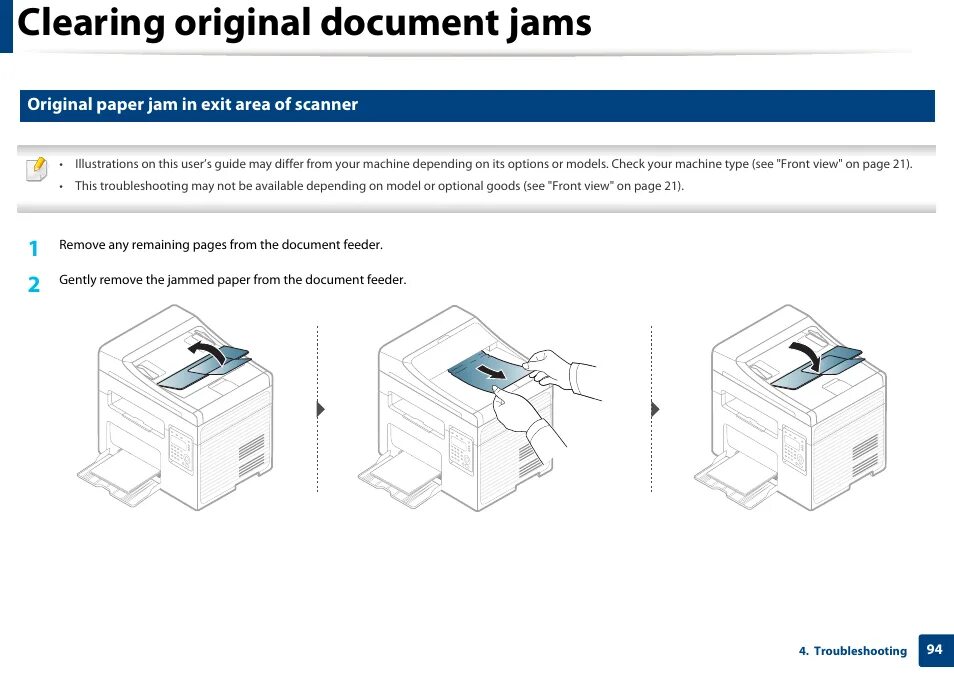 Принтер samsung scx 3400 series как подключить Clearing original document jams, Original paper jam in exit area of scanner Sams