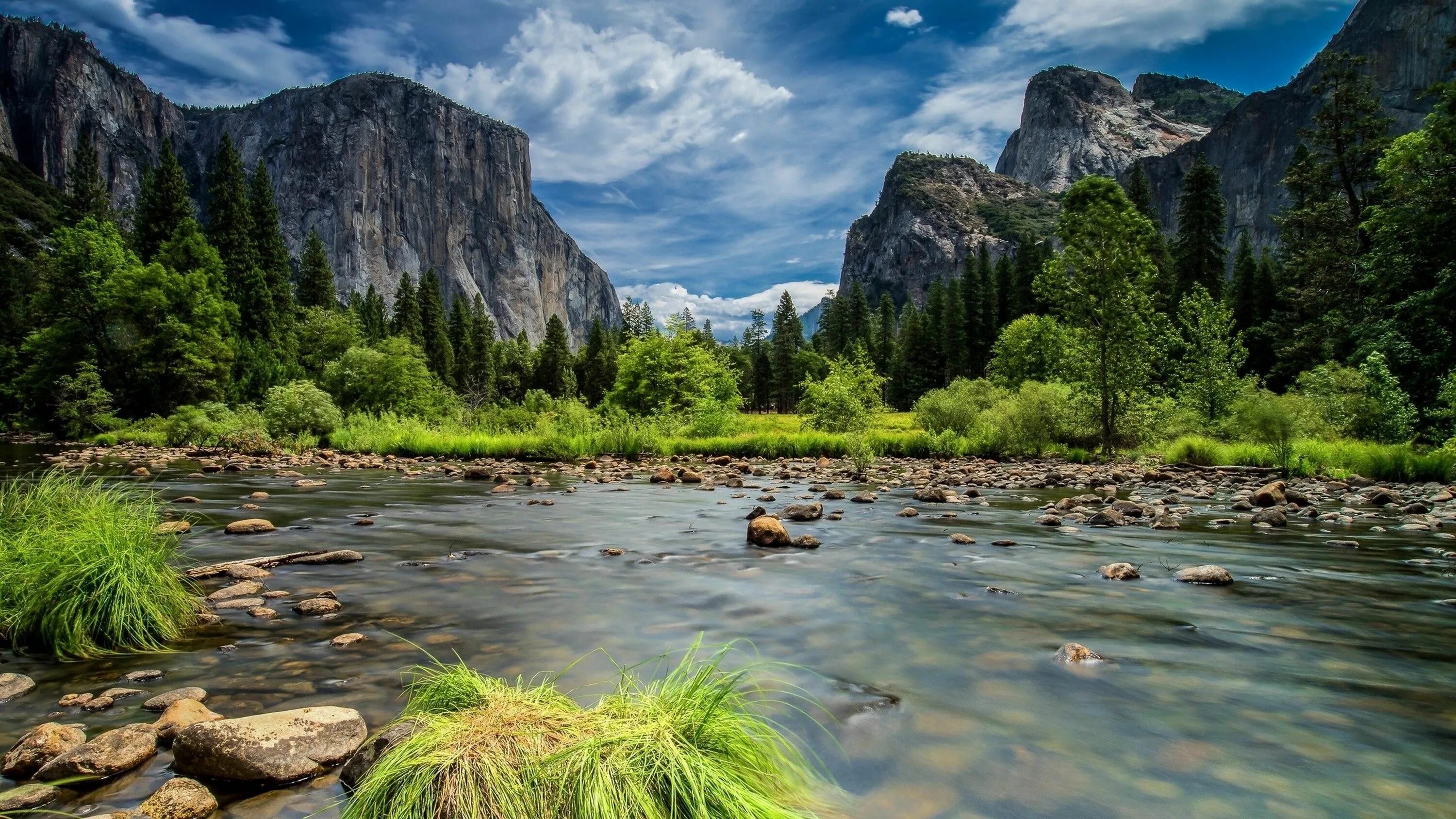 Природа фото 4 к #sky #cloud #trees #pine #grass #cliff #river #rocks #riverbed national park #ca