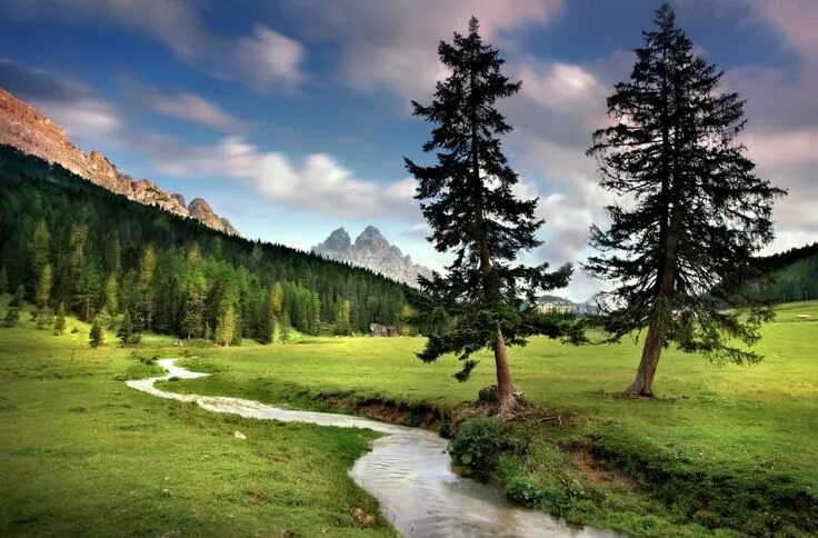 Природа фото онлайн бесплатно Stream in Lush Green Field with Mountains - HD Wallpaper