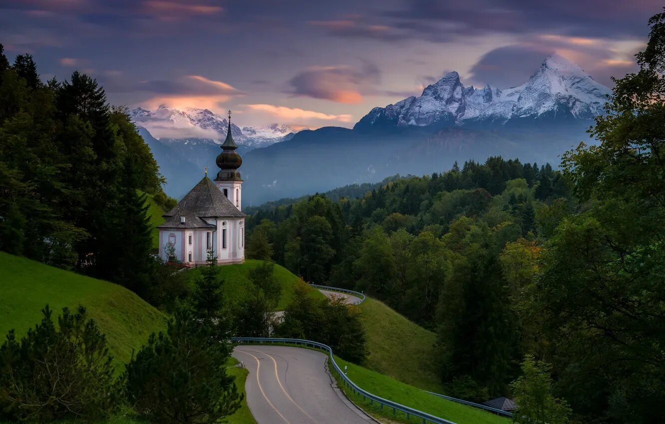 Природа германии фото Wallpaper road, forest, mountains, Germany, Bayern, Church, Germany, Bavaria for