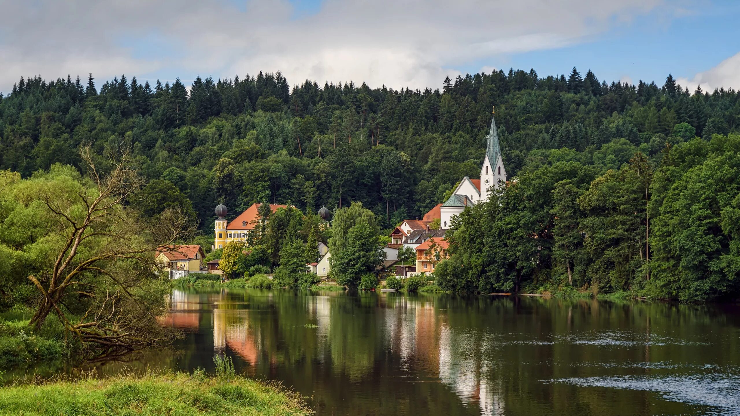 Природа германии фото Download wallpaper greens, forest, trees, river, home, Germany, Ramspau, section