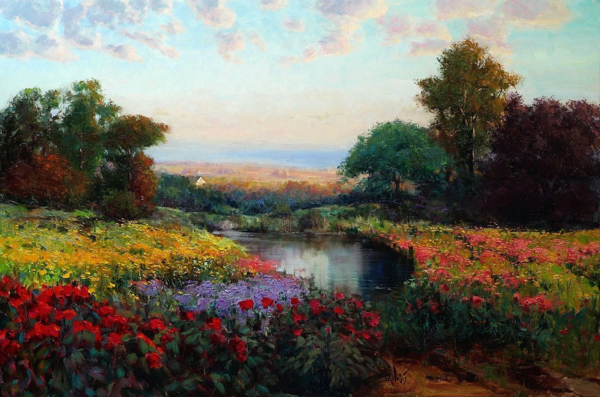 Природа маслом фото Обои eric wallis, цветы, луг, арт, пейзаж, масло, озеро, Картина на рабочий стол