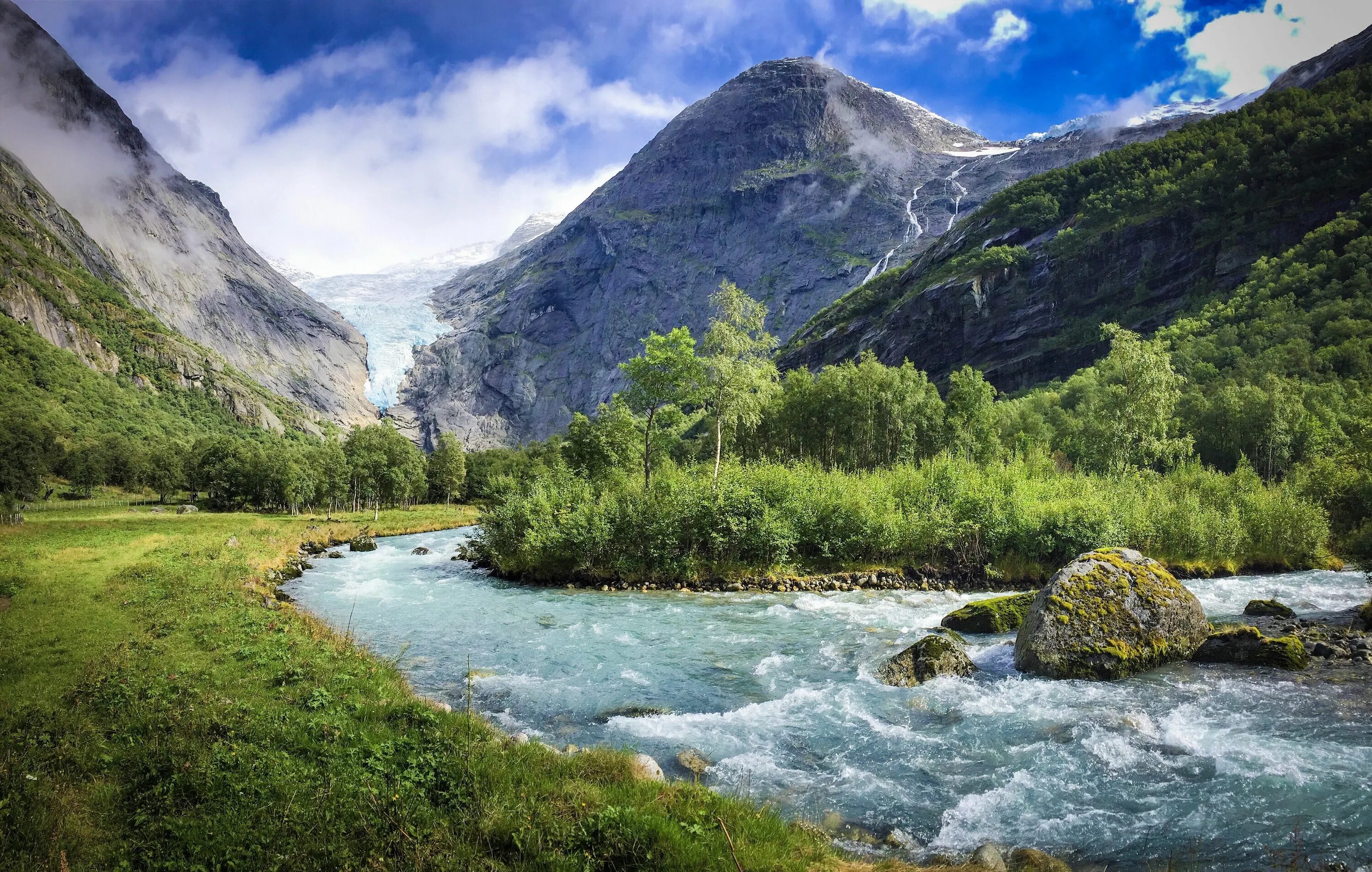 Природа река горы фото One of Norway's beautiful glaciers. Briksdalbreen National Park OC 4096x2603 Nat