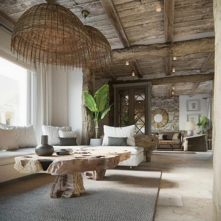 Природный стиль в интерьере Интерьер в стиле Бали. ТОП 150 лучших фото Rustic living room, Mediterranean hom