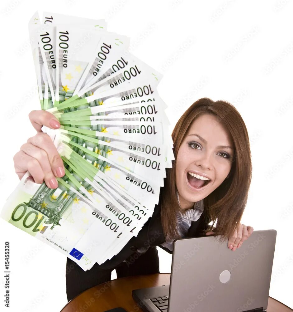 Продать фото в интернете за деньги Businesswomen with group of money and laptop. Stock Photo Adobe Stock