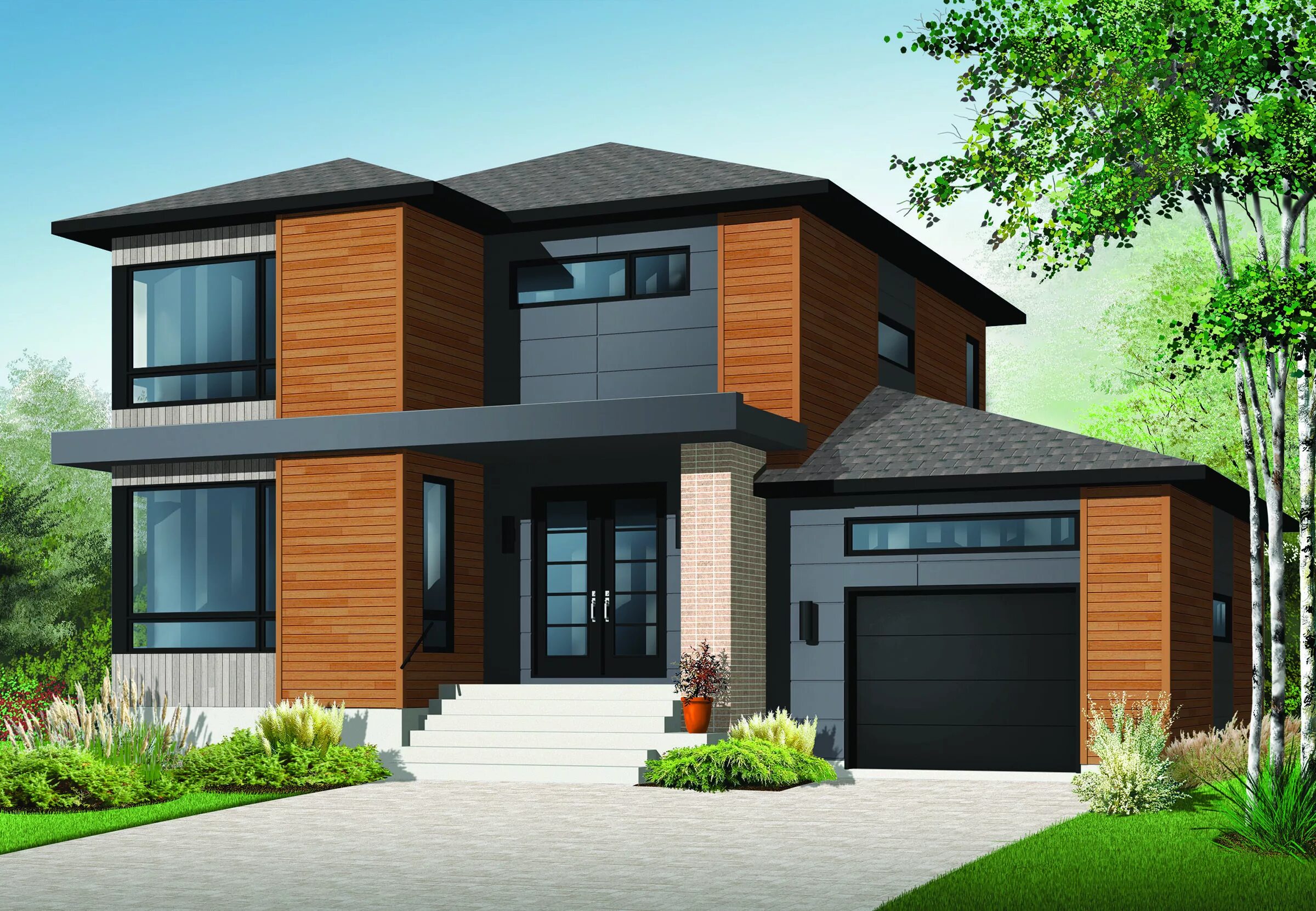 Проект 2х этажного дома фото Plan 22322DR: Stately Modern with Garage Modern style house plans, Modern contem