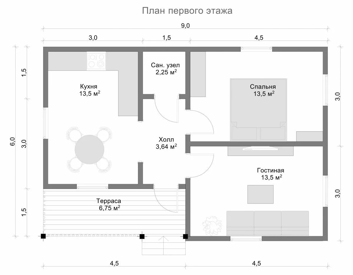 Проект 9 9 одноэтажный планировка Дом из бруса 6х9 "Савелий" от 926000 руб, дома из бруса c отделкой - компания "С