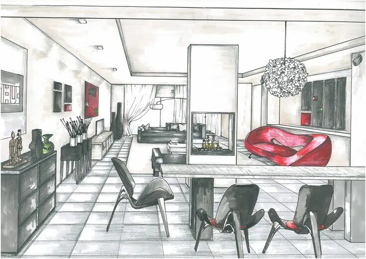 Проект 9 класс дизайн интерьера Pent House Design- Rendered with Copic Markers ( By Joy O. Ezeka) Interior sketc