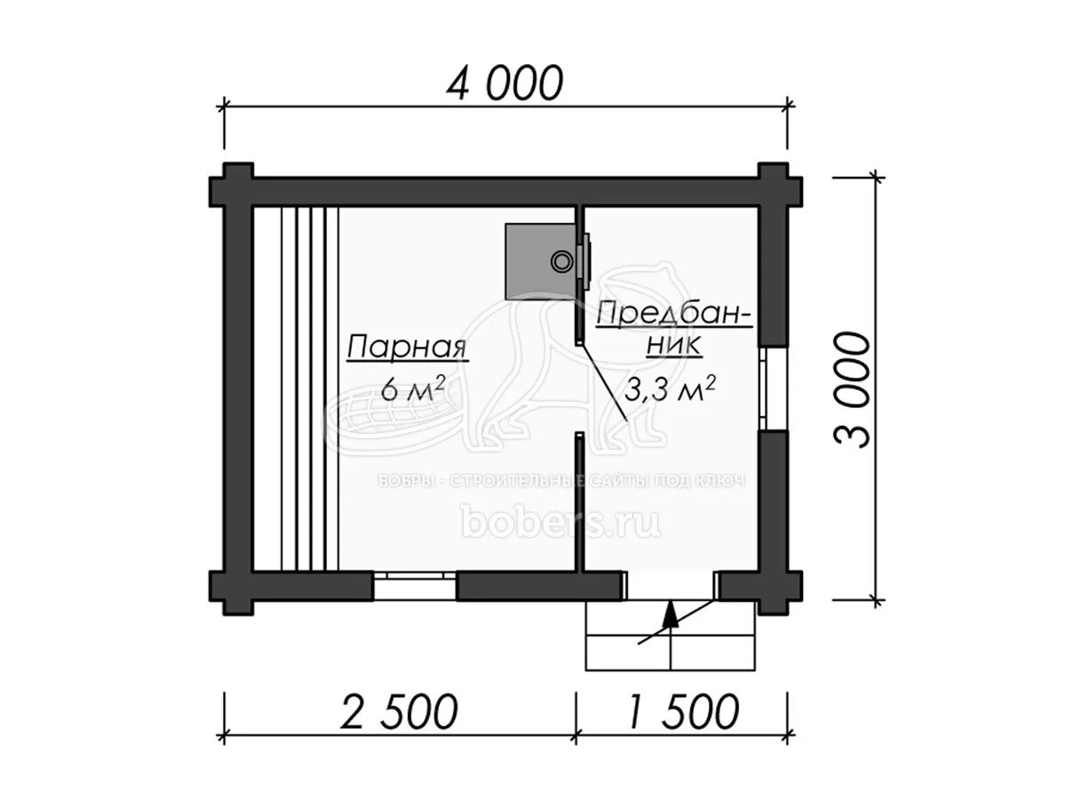 Проект бани 3х4 чертежи 3D Проект одноэтажной бани из бревна 4 на 3 м БО002 Бобры