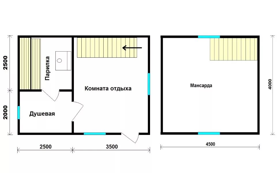 Проект бани 6х6 чертежи каркасной Баня из бруса 6х4.5 с мансардой под ключ, цена: 440000 рублей