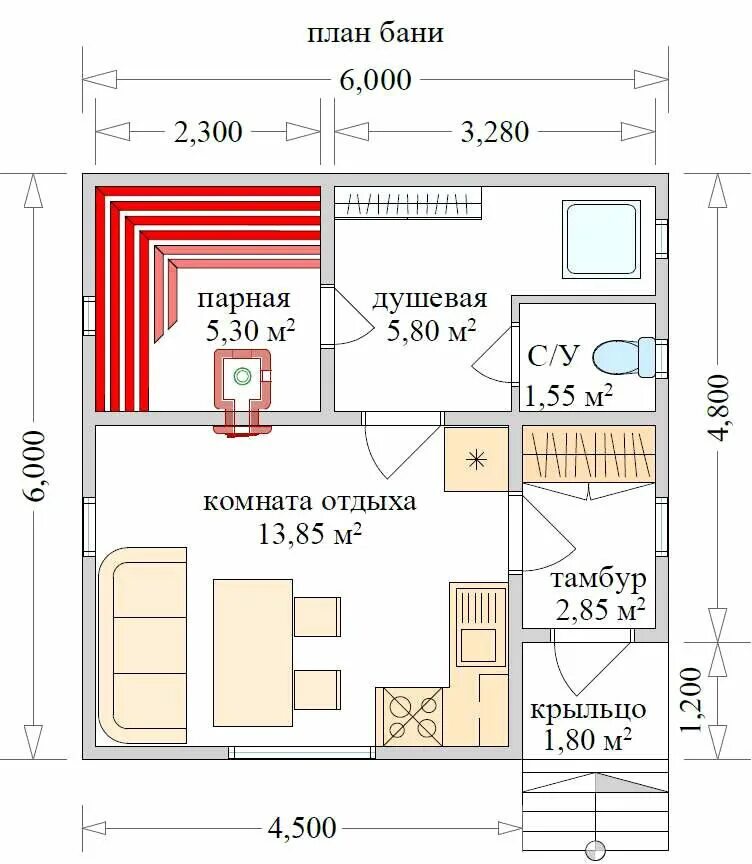 Проект бани 6х6 с чертежами Бани из бруса недорого: баня 6х6 с печкой