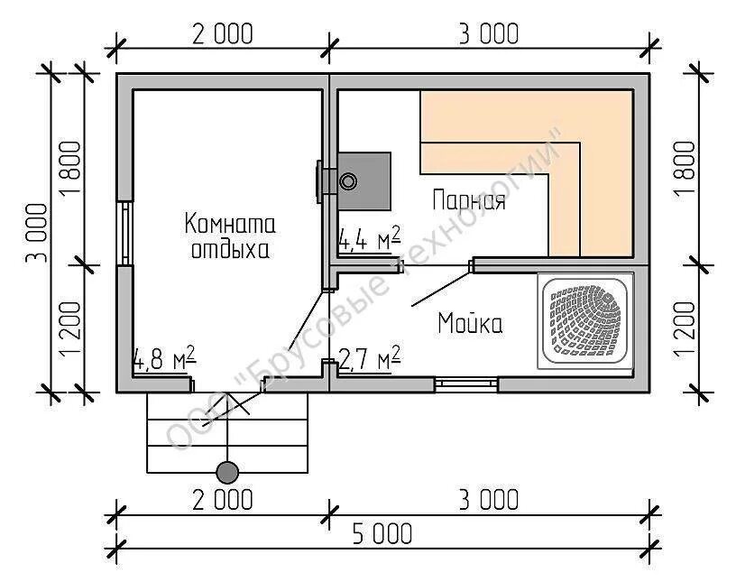 Проект бани бесплатно чертежи d864 План бани с комнатой отдыха, отдельной парилкой и мойкой