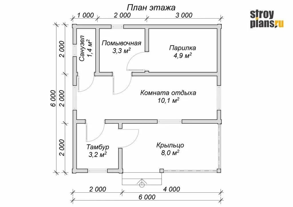 Проект бани из бруса 6х4 с чертежами Проект деревянной бани 6 на 6 из бруса - BB-12