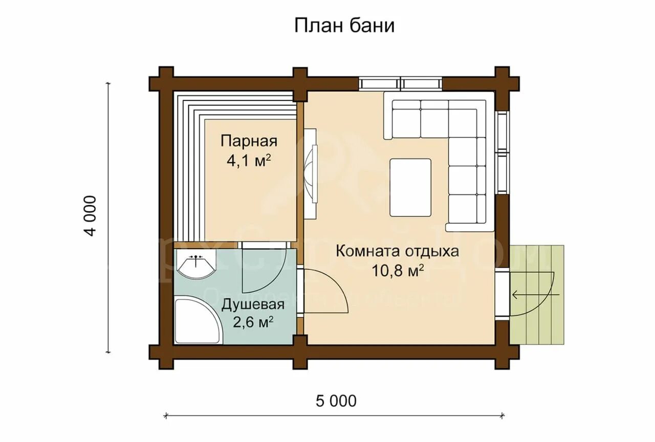 Проект бани с комнатой отдыха фото Проект бани из бревна 5x4 У-50-06