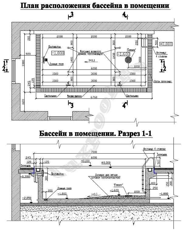 Проект бассейна в частном доме чертеж Размер бассейна для дома фото - DelaDom.ru