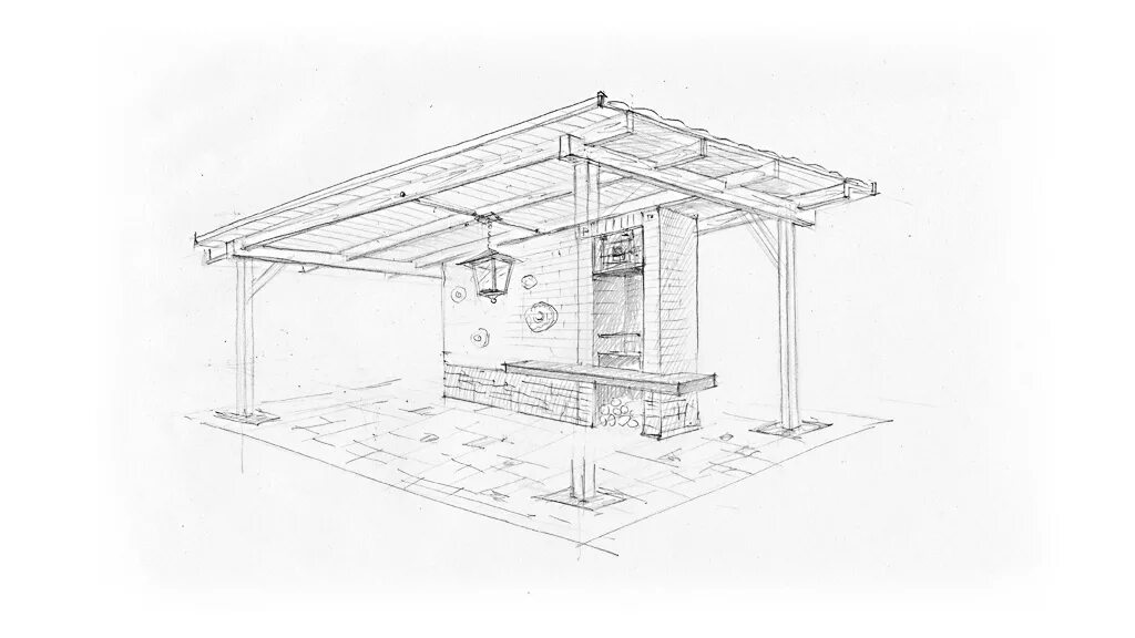 Проект беседки с хозблоком с чертежами эскизы в карандаше ARCHIGUT.RU