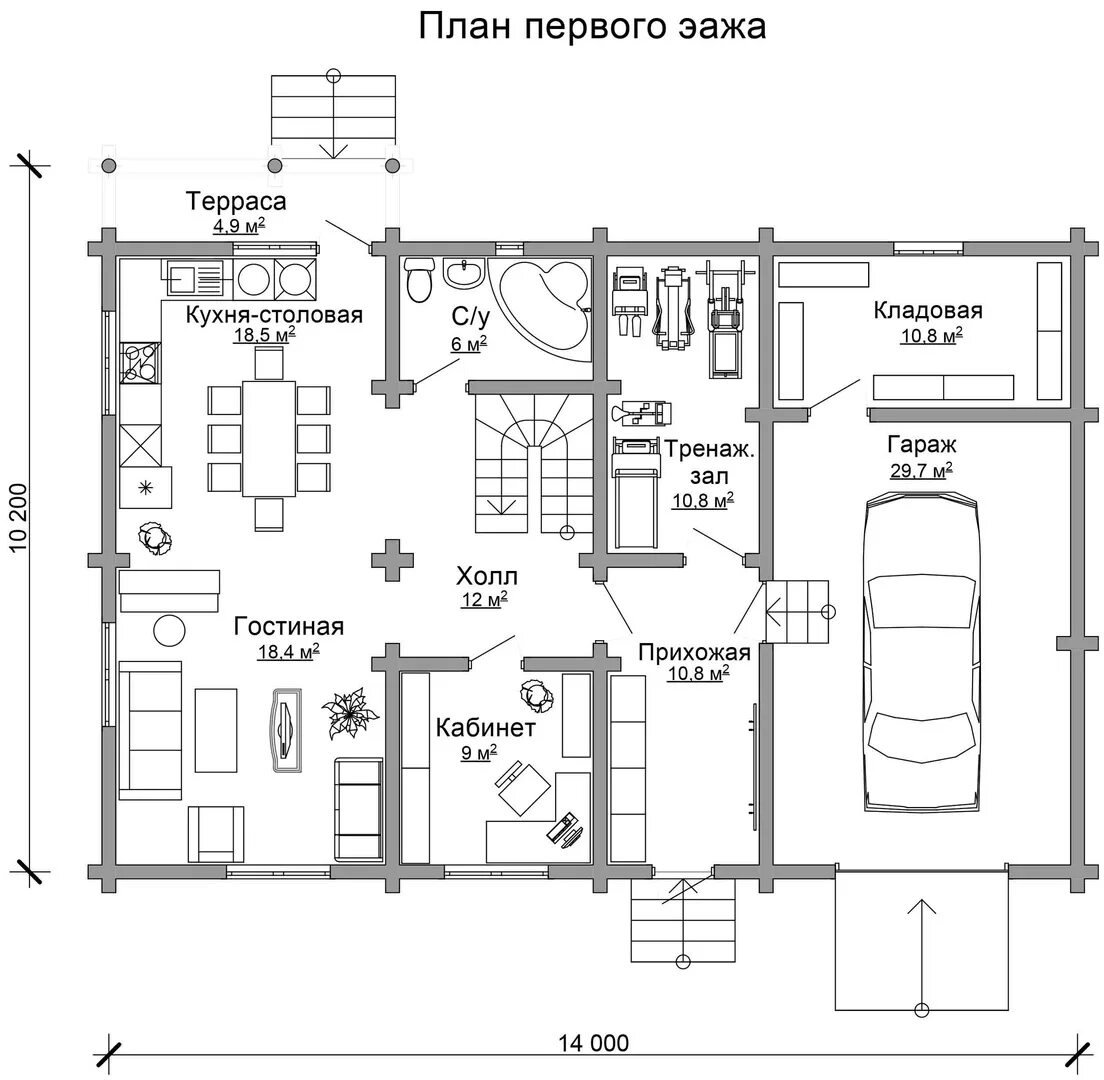 Проект чертежа одноэтажных домов с гаражом Сруб дома 14х10.2м ручной рубки - Деревянное домостроение