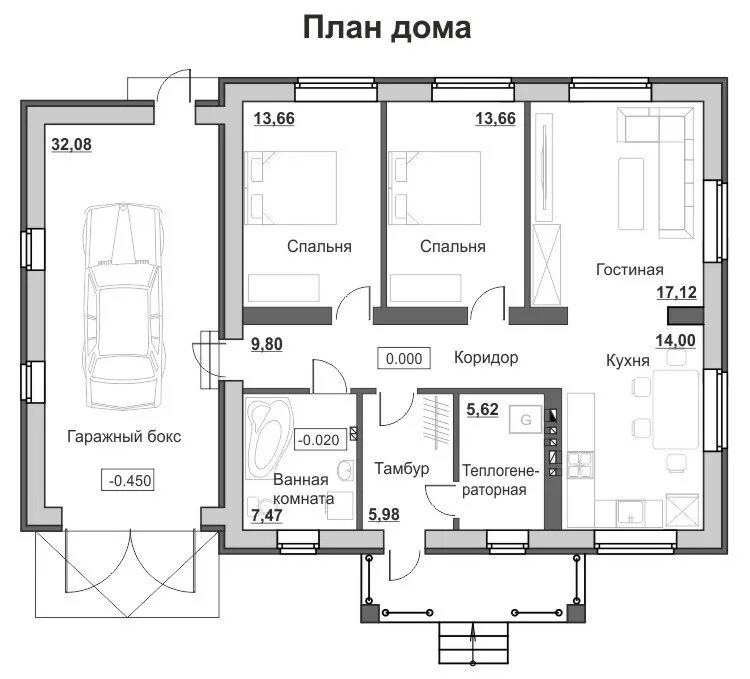 Проект чертежа одноэтажных домов с гаражом Проект одноэтажного дома с гаражом и четырехскатной крышей в Ростове-На-Дону