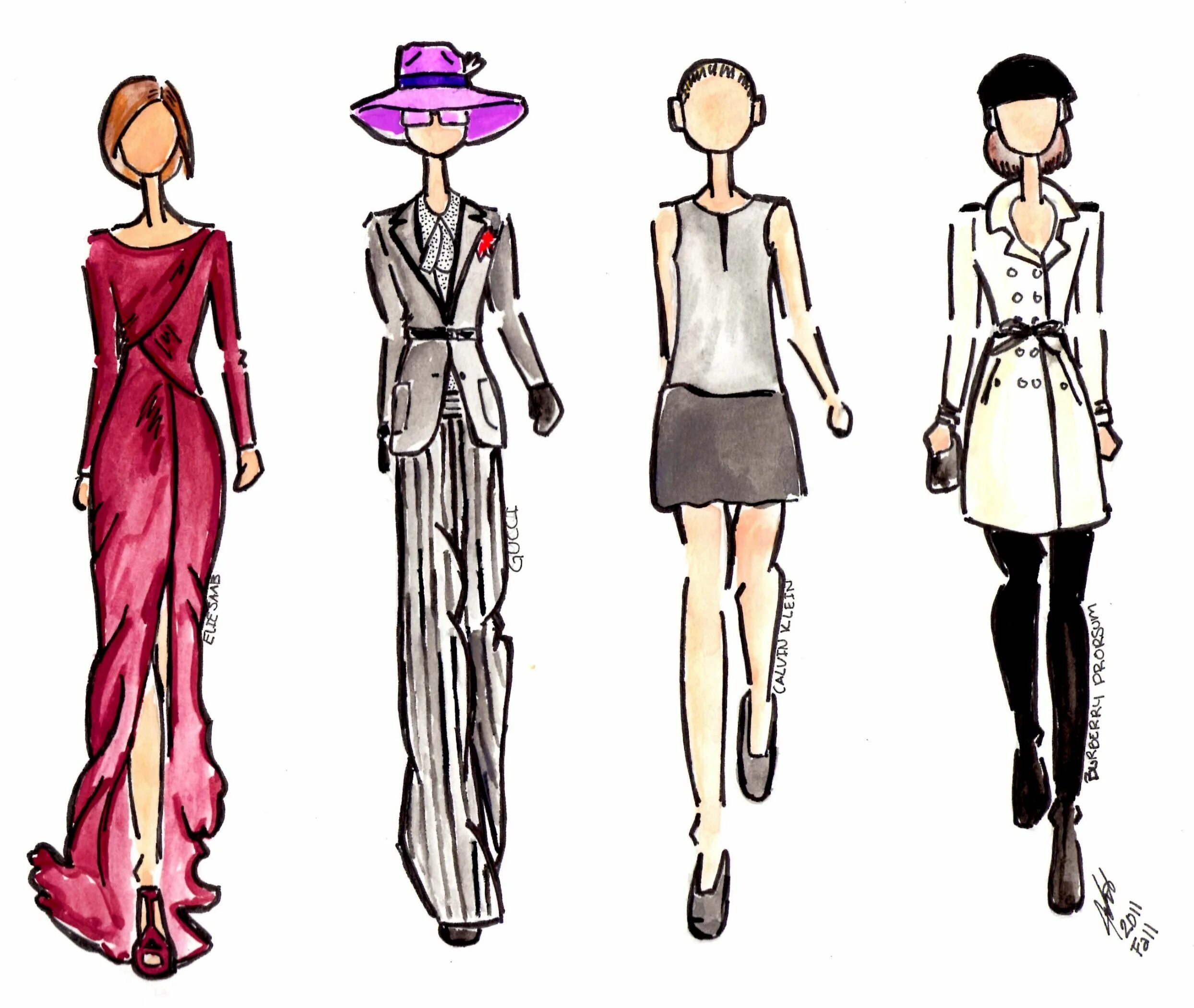 Проект дизайн одежды 7 класс Sketch of Elie Saab, Gucci, Calvin Klein, and Burberry fall 2011 Women clothing 