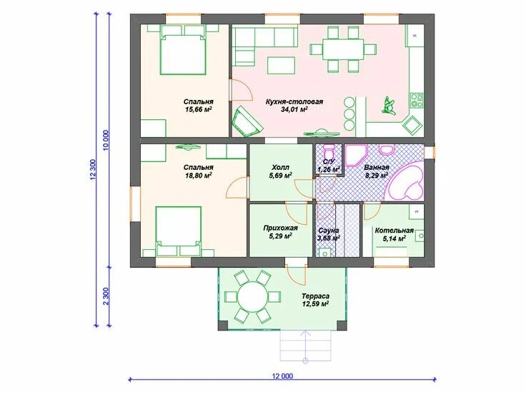 Проект дома 12 12 фото Готовый проект одноэтажного дома из блоков 10 на 12 м с сауной Floor plans, Proj