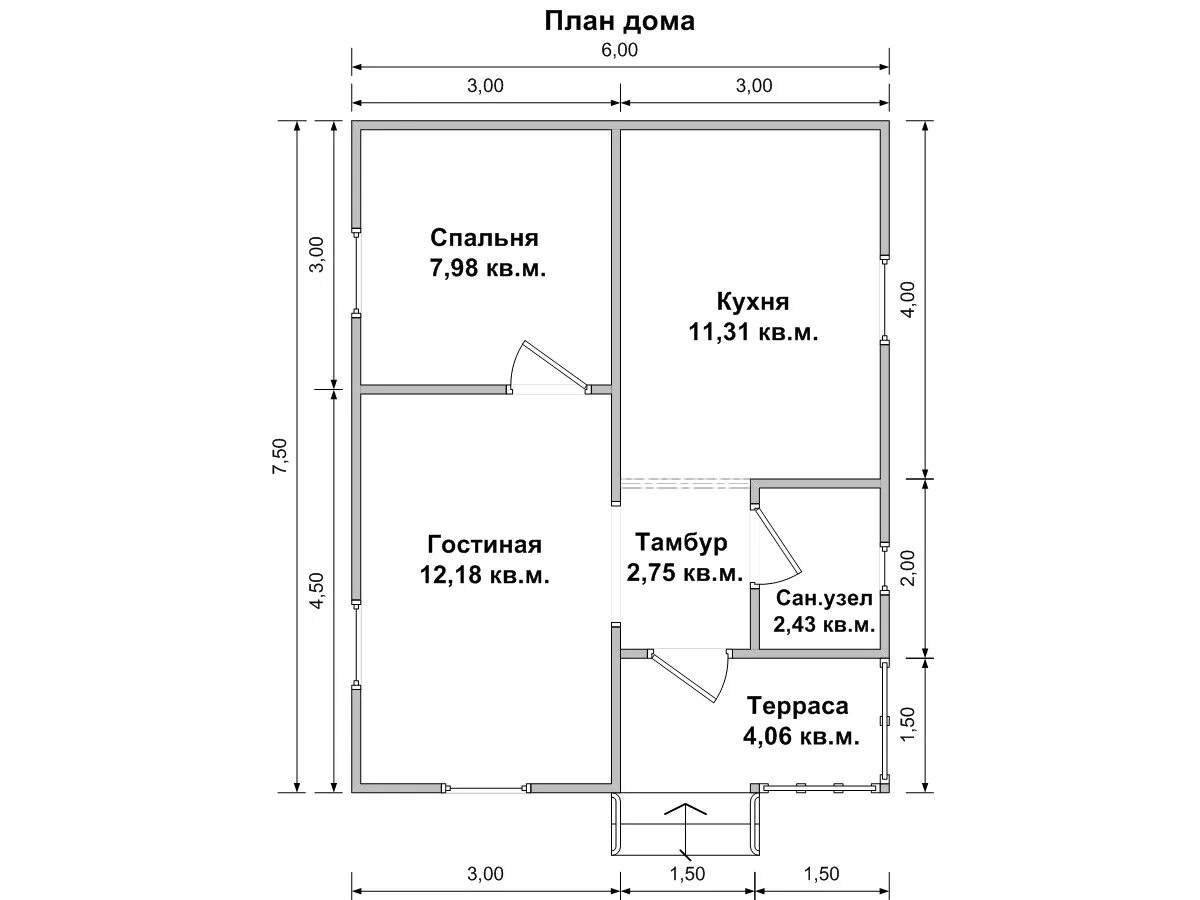 Проект дома 6 на 7 одноэтажный планировка Каркасный дом 7.5х6 Тихомир ➔ стоимость проекта, описание