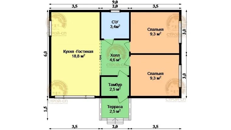 Проект дома 6х9 одноэтажный с отличной планировкой ⛪ Проект одноэтажного каркасного дома КО09 цена под ключ в Москве и СПб