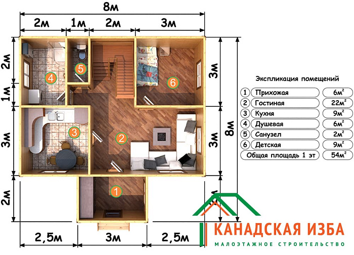 Проект дома 8х8 с отличной планировкой Дом из бруса 8х8 "Лукоморье" Проект и цена строительства в Москве