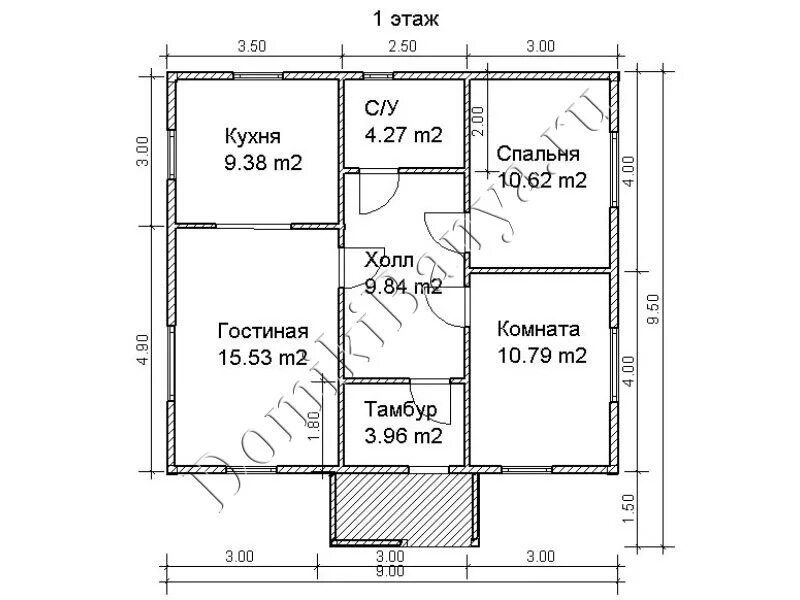 Проект дома 9х9 одноэтажный с отличной планировкой Одноэтажный каркасный дом 8x9, проект № 22 СК Доминика