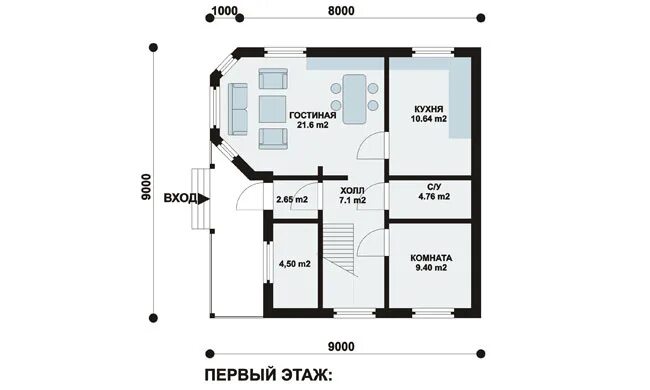 Проект дома двухэтажного с террасой планировка Проект дома "Капрал 131" из бруса площадью 119 кв.м и размерами 9 х 9 м