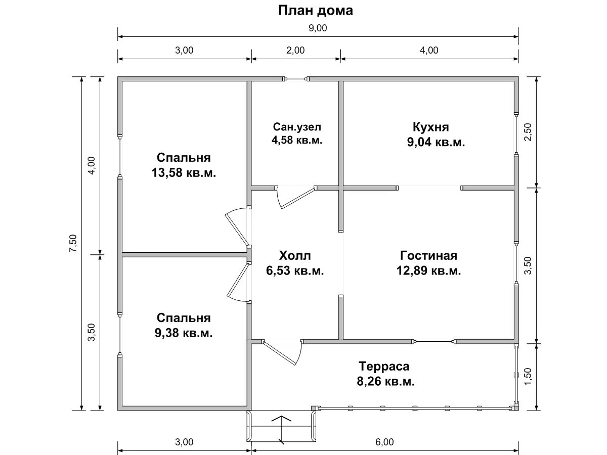 Проект дома планировка 6 9 одноэтажный Каркасный дом 9х7.5 Демид ➔ стоимость проекта, описание