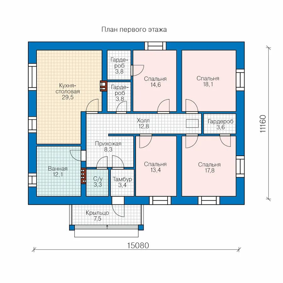 Проект дома с 4 спальнями фото 62-43KL-Catalog-Plans - Проект одноэтажного кирпичного дома - купить в интернет-