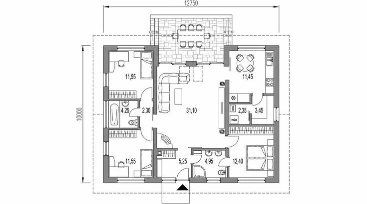 Проект дома с террасой одноэтажный чертеж BUNGALOV 24 - MFpro Casas, Cosas de cocina