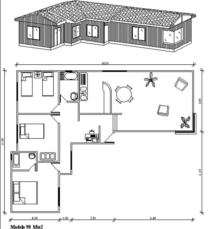 Проект дома в узбекистане чертеж и размеры Plano de casa de 90 m2 en forma de "L" con 3 dormitorios Casas prefabricadas, Pl