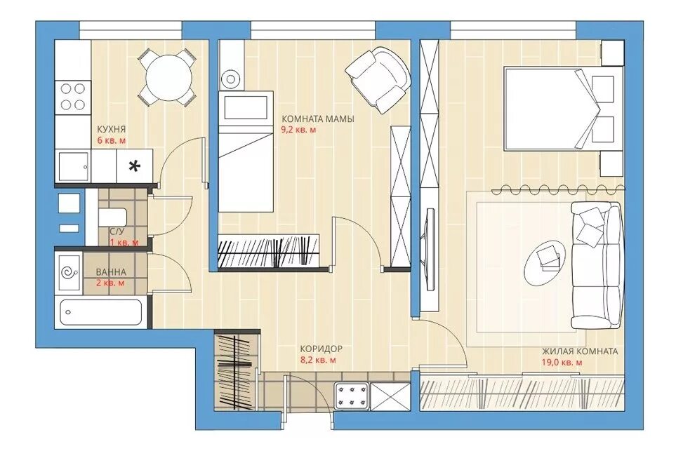 Проект двухкомнатной квартиры кв фото Двушка II-49: планировка для пары с мамой - блог "Hoff Вдохновение"