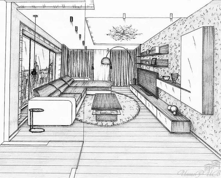 Проект интерьера дома 6 класс Interior Architecture Drawing of a Living Room