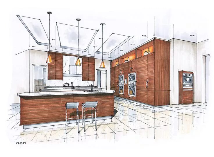 Проект интерьера кухни Recent Renderings - Summer 2014 Interior design sketches, Interior design render