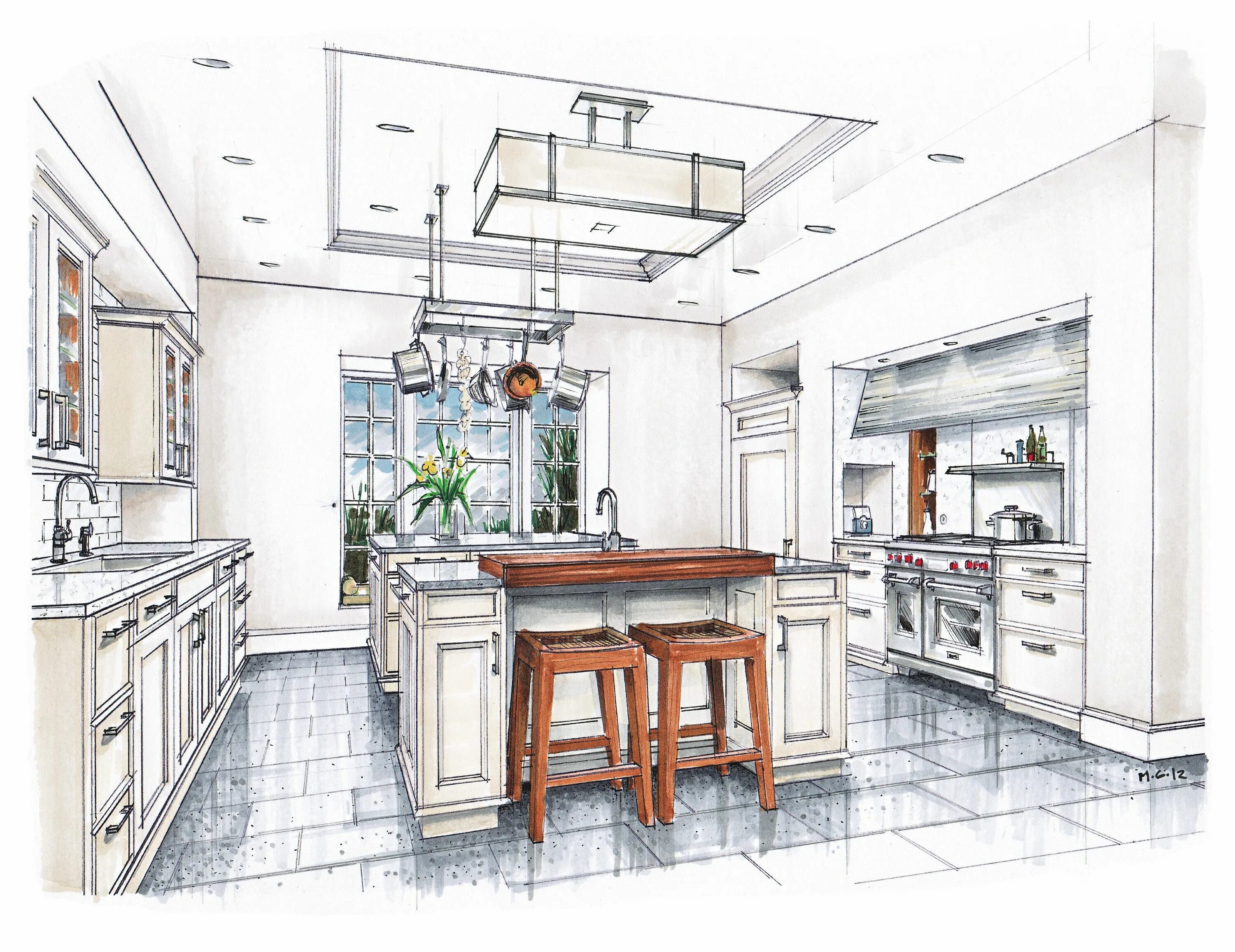 Проект интерьера кухни New Beaux Arts Kitchen Rendering Interior design sketches, Interior design drawi