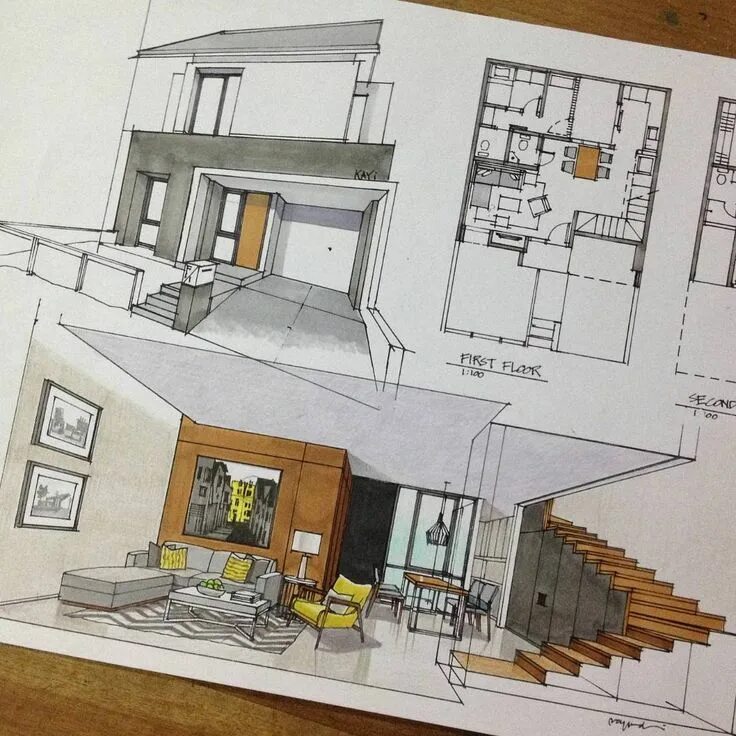 Проект интерьеров жилого дома Final interior sketch render Arquitetura de interiores, Desenho de arquitetura i