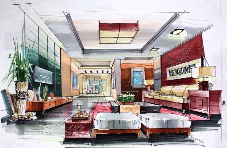 Проект искусство дизайна Эскиз гостиной Interior design drawings, Interior design sketches, Drawing inter