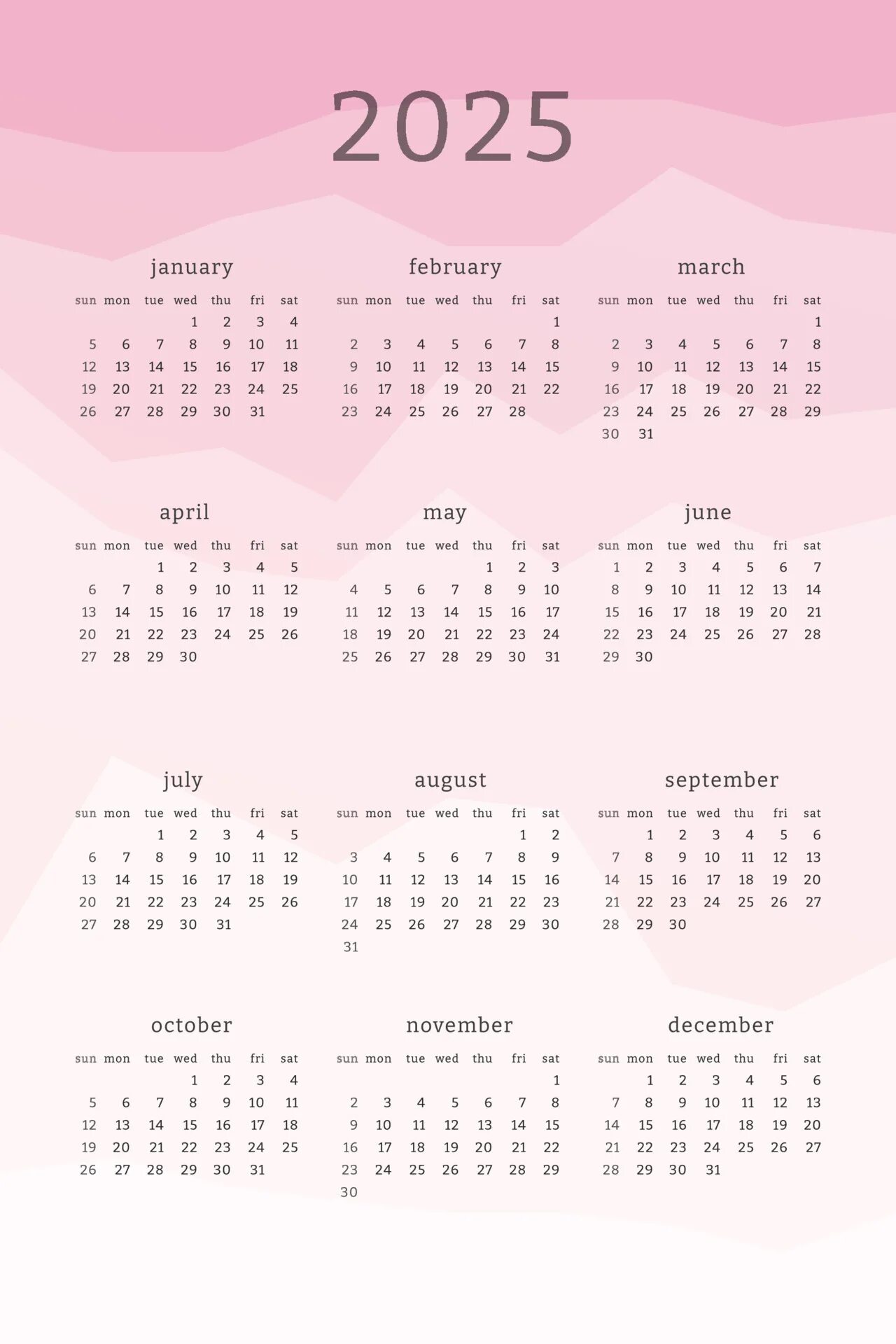 Проект календаря на 2025 год Vertical pink calendar for 2025 year. Mountains silhouettes abstract gradient co