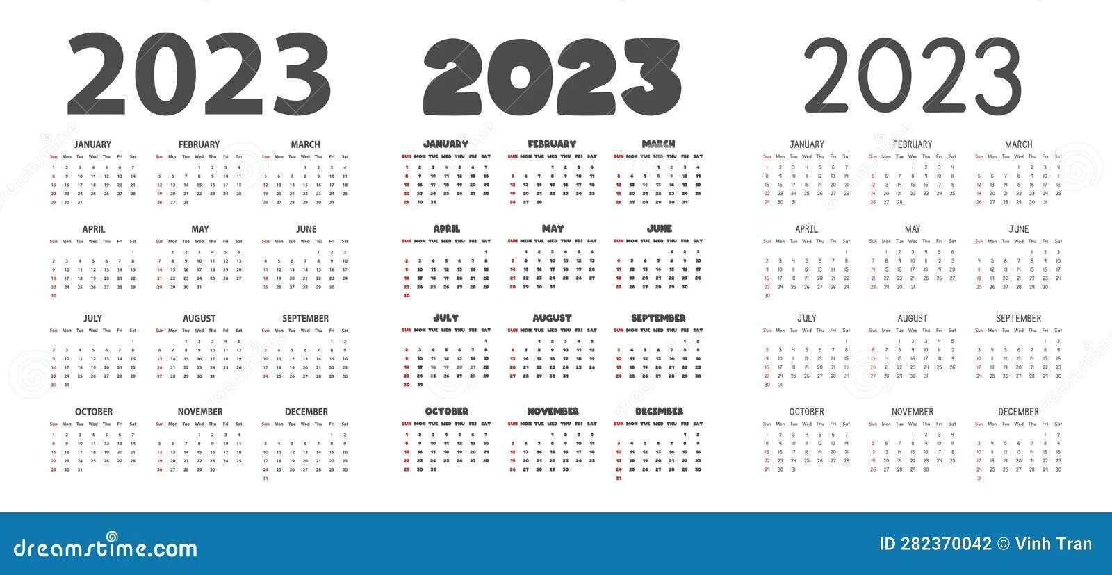 Проект календаря на 2025 год 2023 Calendar in Different Fonts Style Vector Illustration. Simple Classic Month