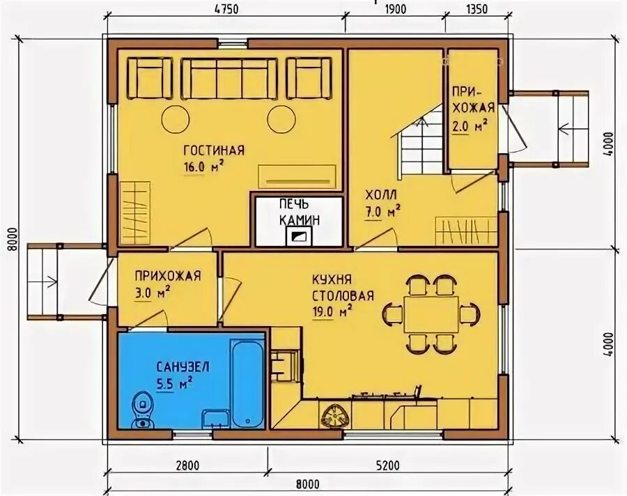 Проект каркасного дома 2 этажа с планировкой дом с печью 8x8 Планировка дома, Планировки, Дом